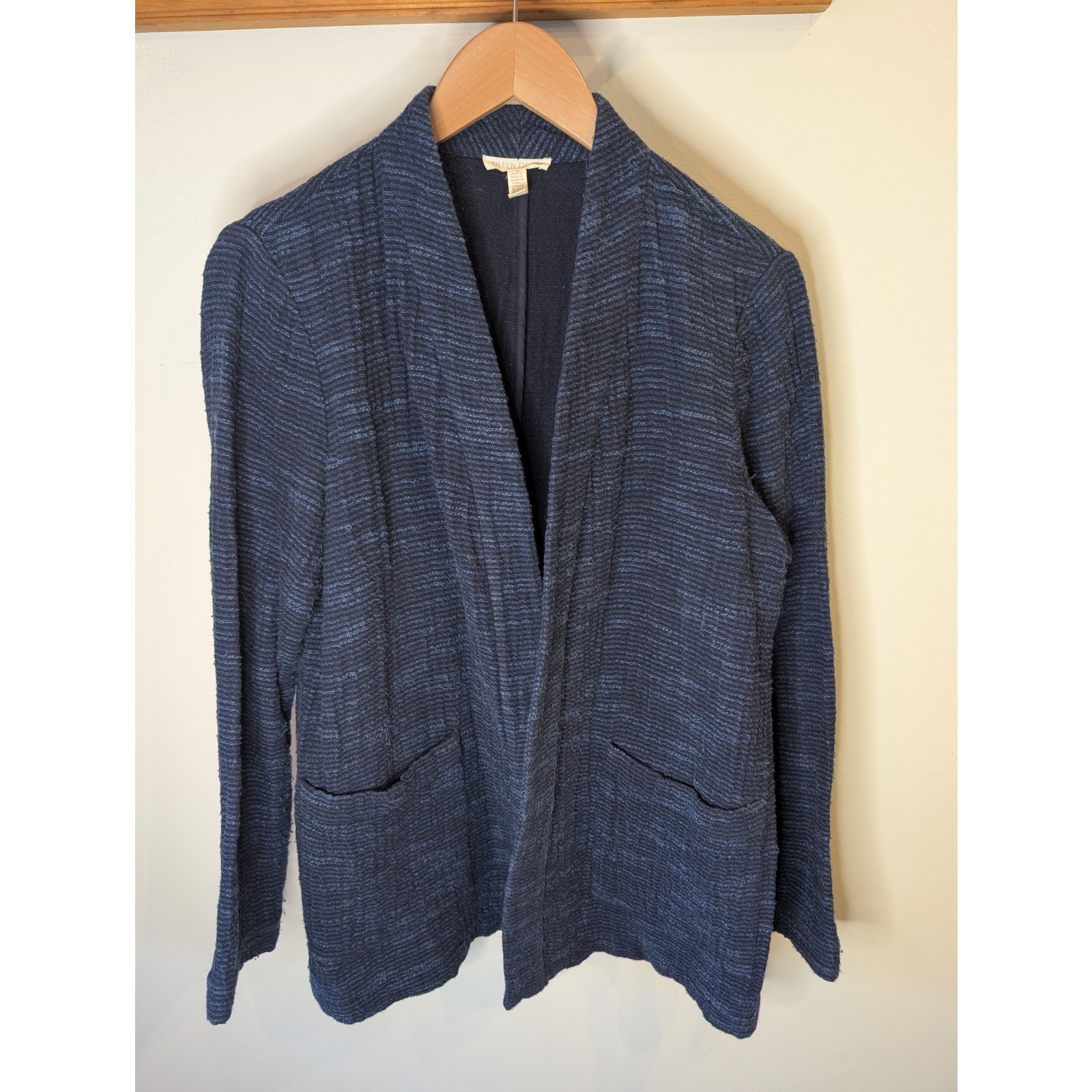 Eileen Fisher Blue Textured Open Front Cardigan Minimalist Cozy Pockets M